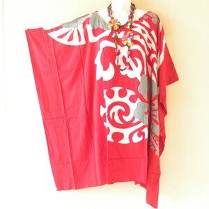 LT121 Red Hibiscus Floral Women Handpainted 38" Kaftan Midi Dress / Long Top